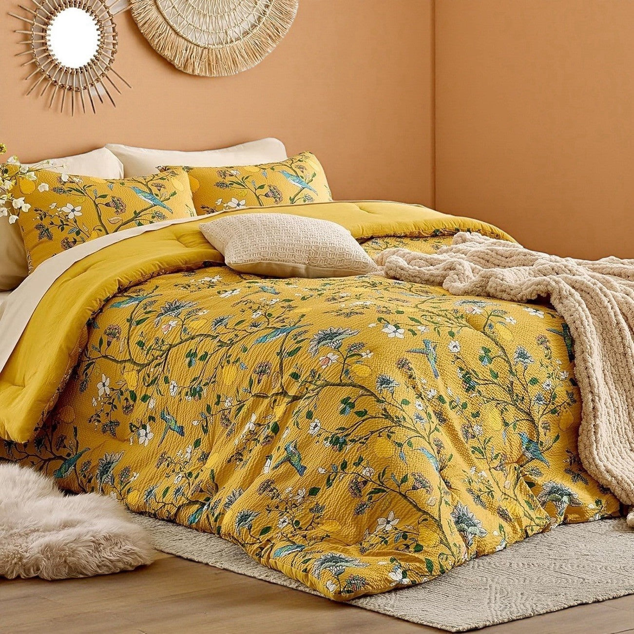 NEW Anthro Yellow Seersucker Floral Queen King Boho Comforter Bedding Sham Set