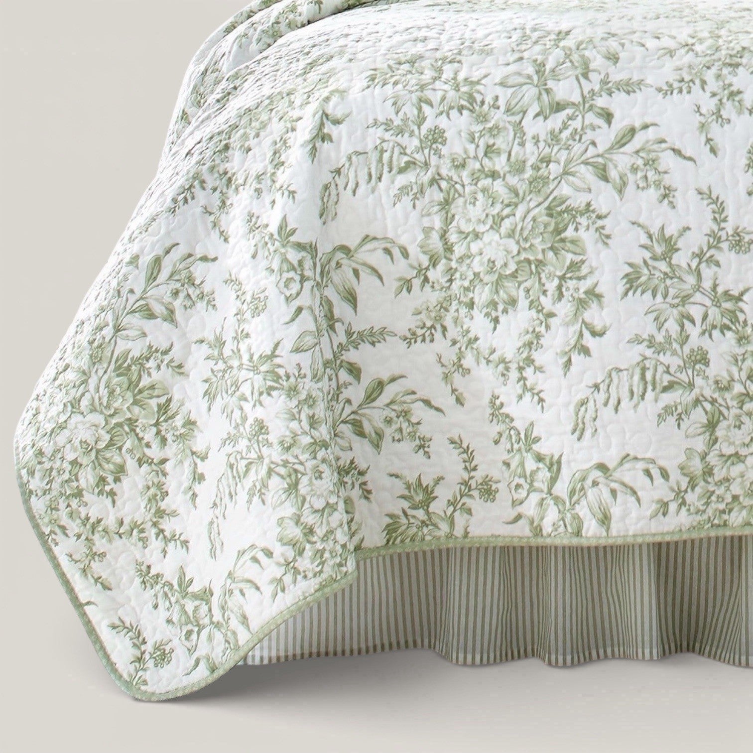 NEW West Elm Green White Floral Retro Cotton Queen King Bedding Quilt & Sham Set