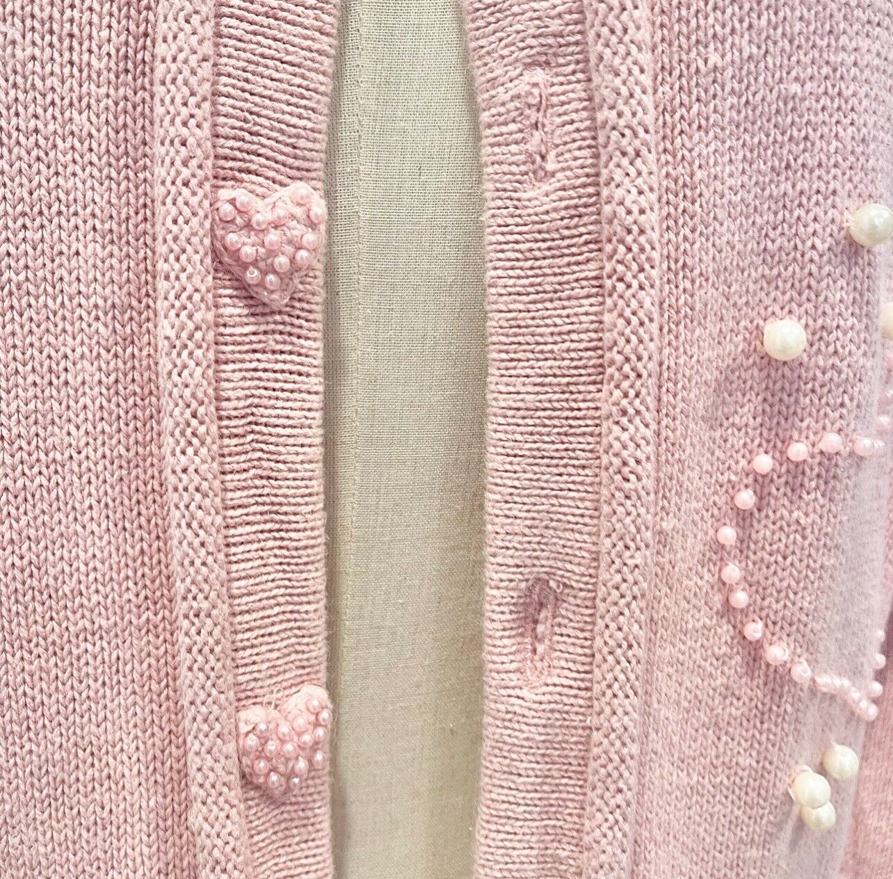 Vintage Storybook Knits Pink Heart Embroidered Pearl Sweater Duster - Medium