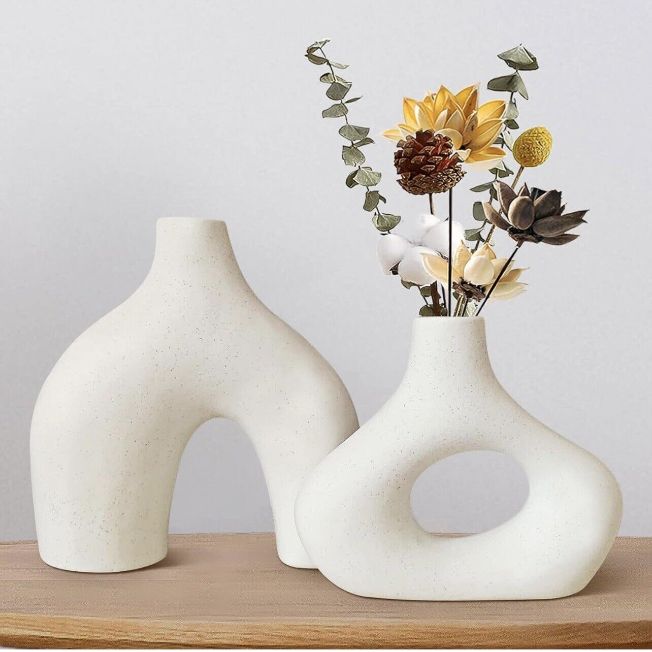 New West Elm (Set 2) Large Cream Abstract Boho Ceramic Abstract Flower Vase Set