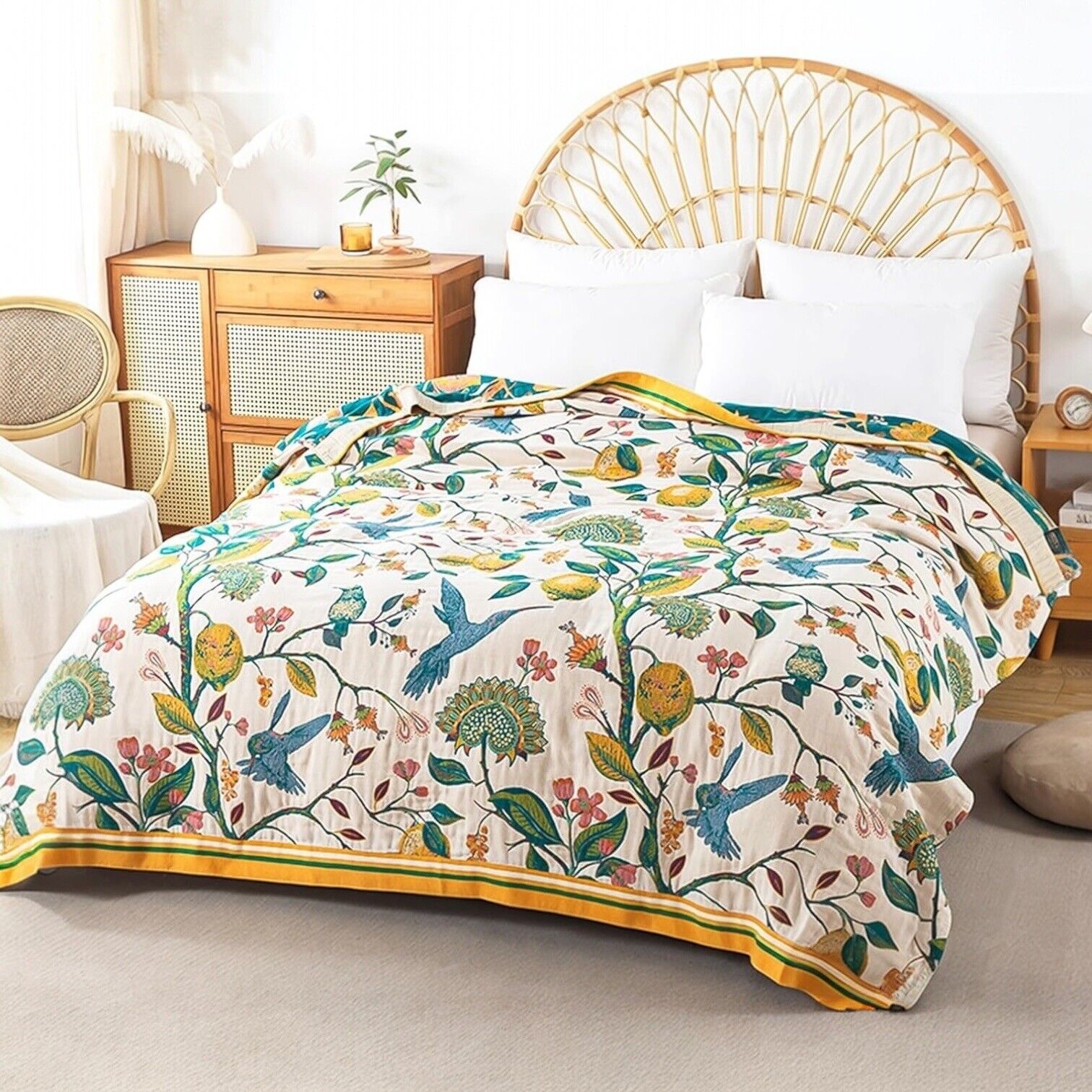 NEW Anthropologie Boho Bird Orange Blue Throw Blanket Bedspread Quilt 80" x 90"