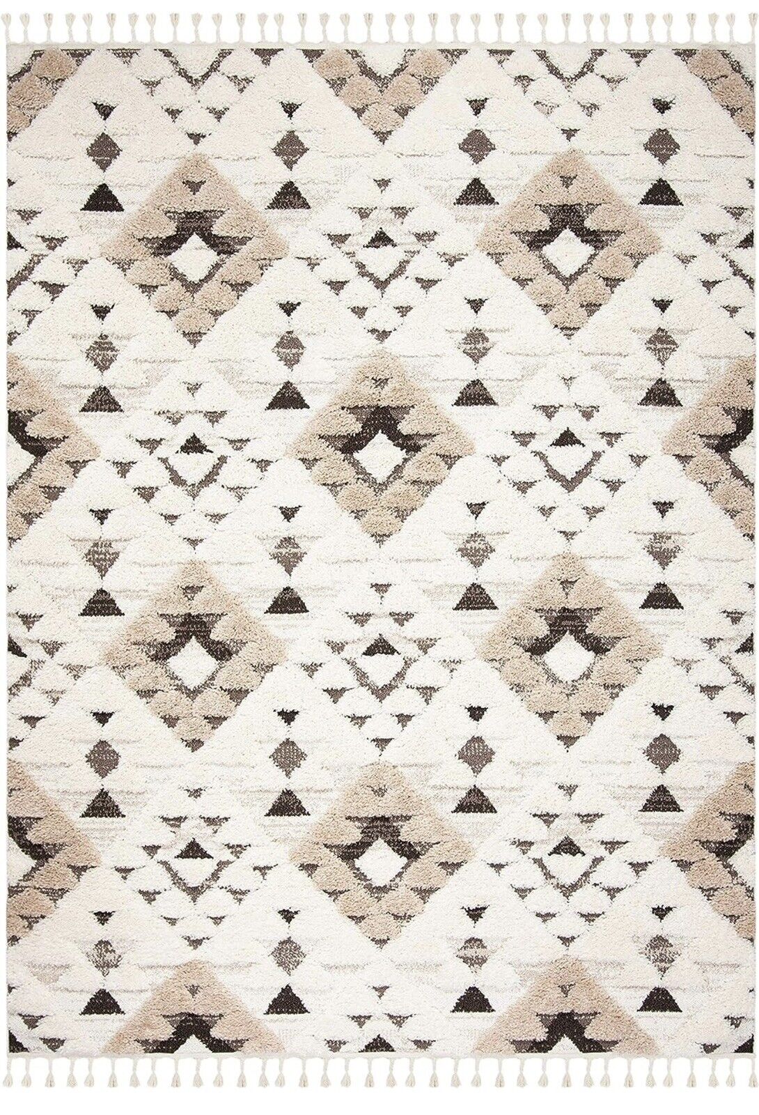 NEW Anthropologie XL White Boho Tassel Geometric Shag Area Rug Carpet 5' x 7.5'