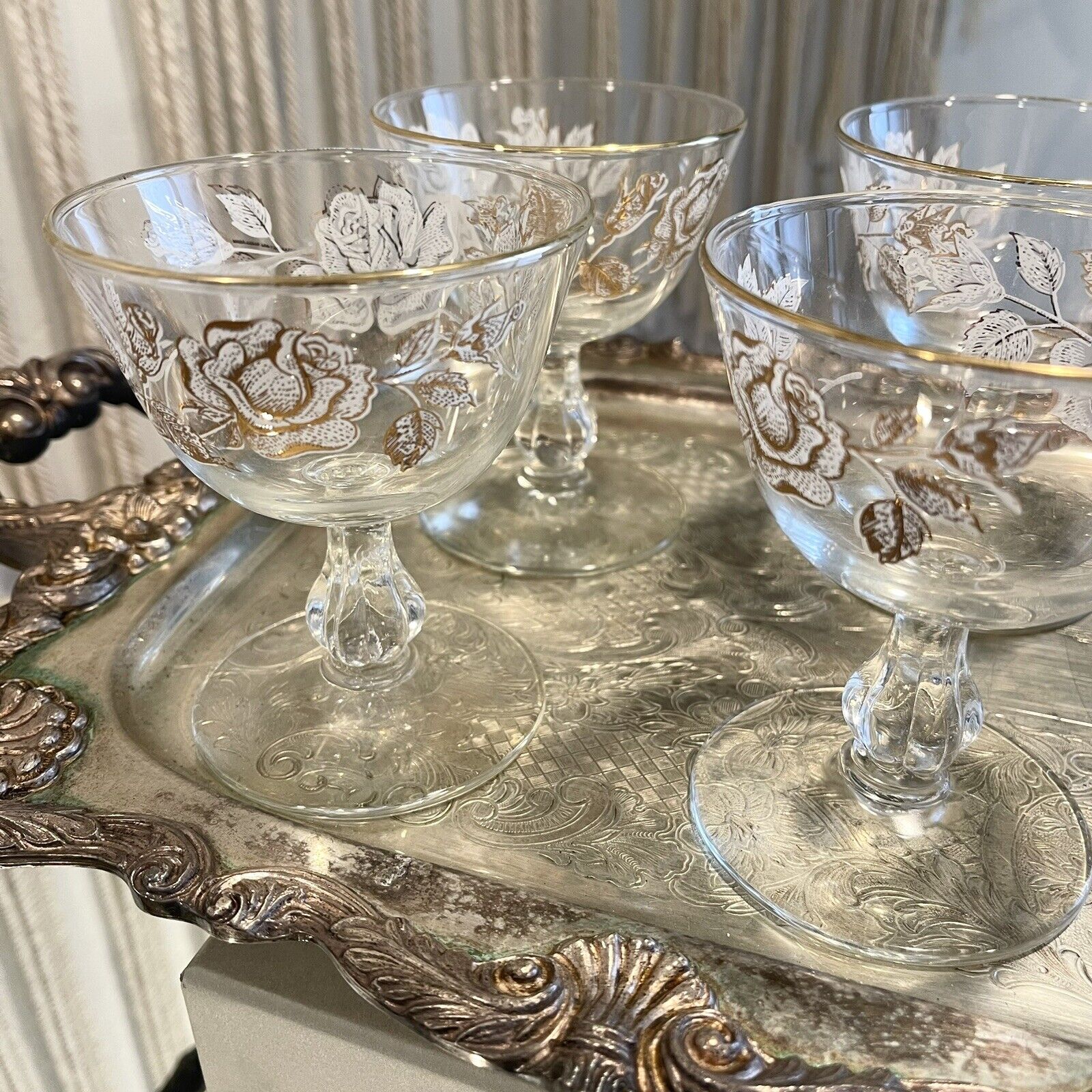 Vintage Libbey Crystal & Gold Rose Champagne 1960s Wine Glass Barware - Set of 8