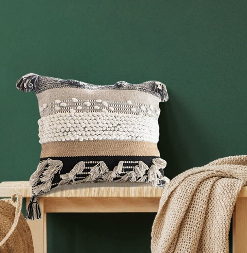 NEW West Elm Boho Pom Pom Tassel Throw Pillow Case Cover Sham - 18" x 18"