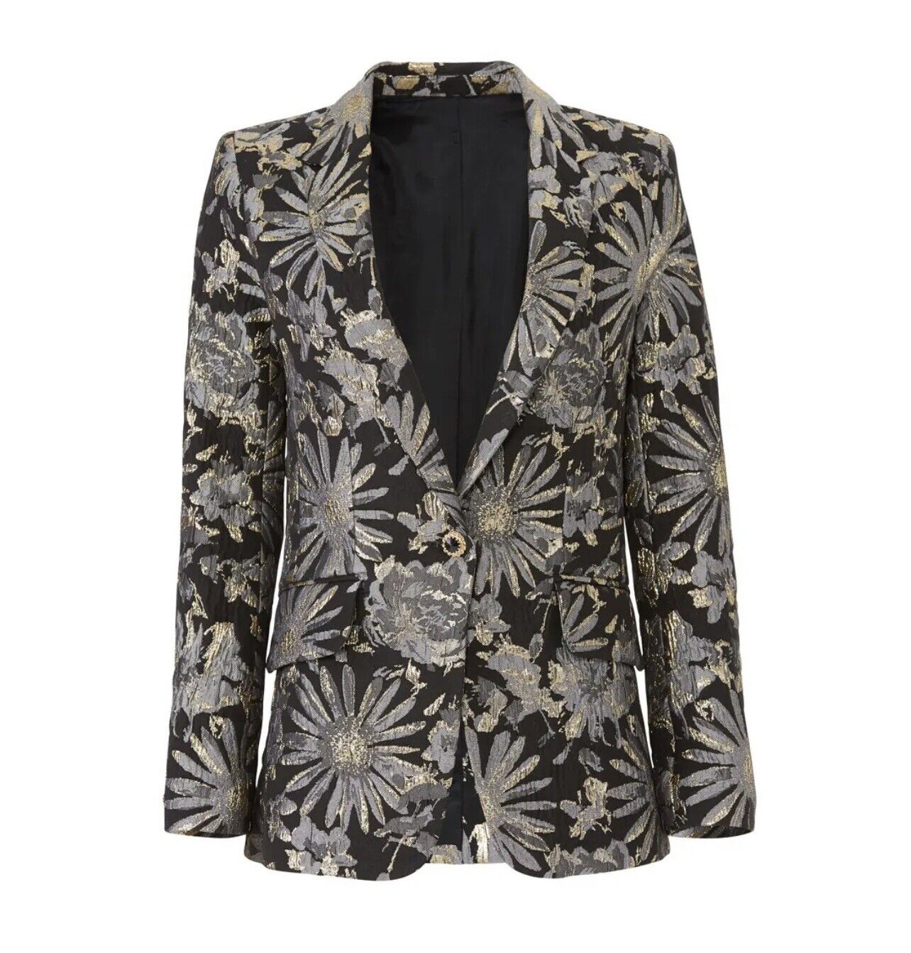 Trina Turk Black & Gold Metallic Floral Vedutta Blazer Jacket Coat - Medium / 8