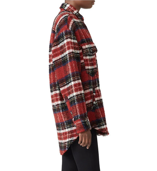 Anthro / The Kooples Red Tweed Plaid Shirt Coat Trucker Jacket Sweater Large