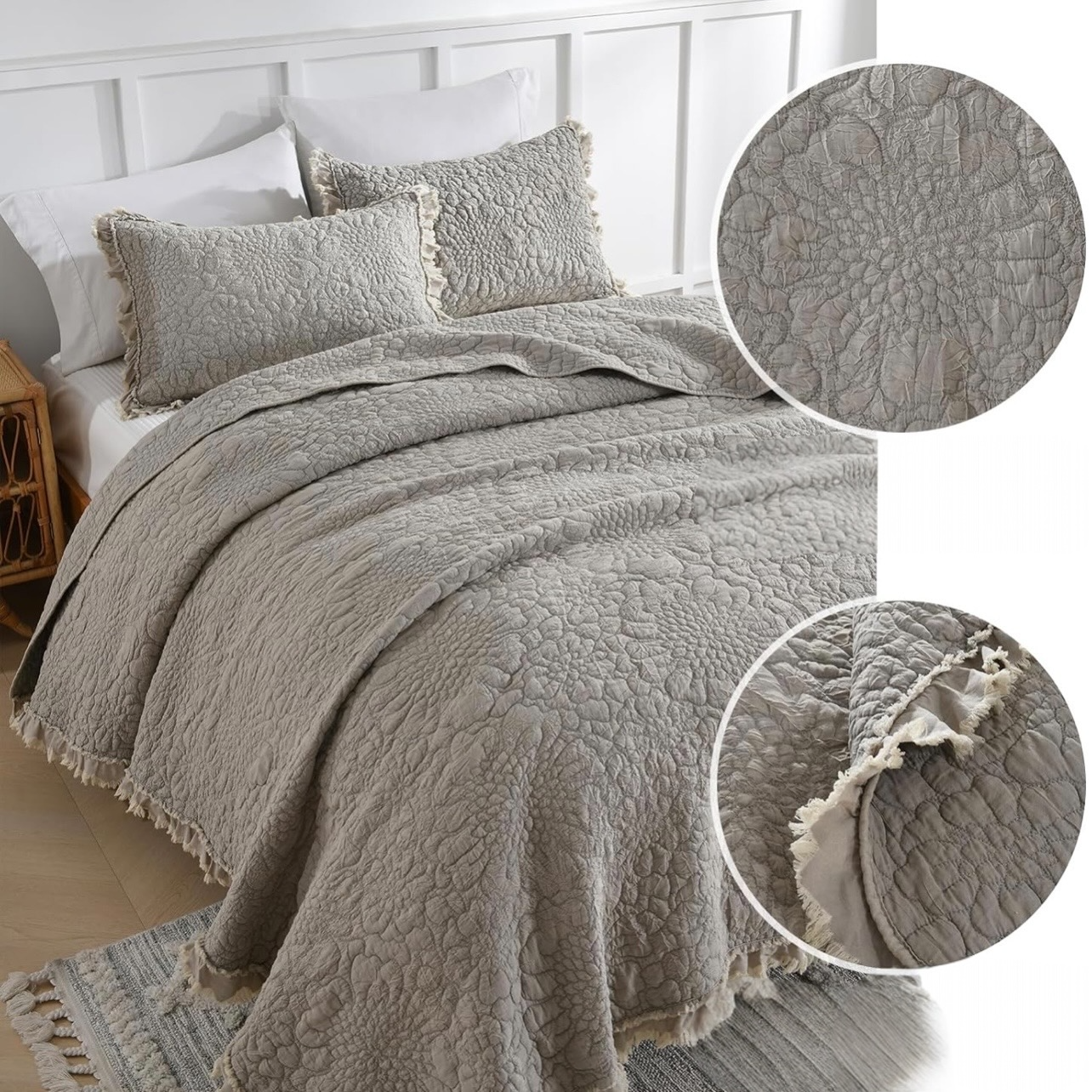 NEW Anthro Gray Beige Boho Ruffle Crinkle Queen / King Bedding Quilt & Sham Set