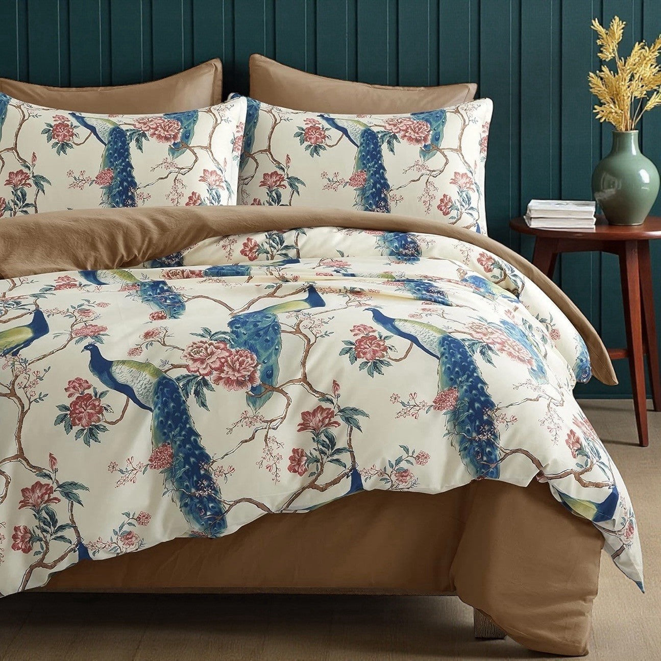 NEW Anthropologie Peacock Print Cotton Boho King Floral Bedding Duvet & Sham Set
