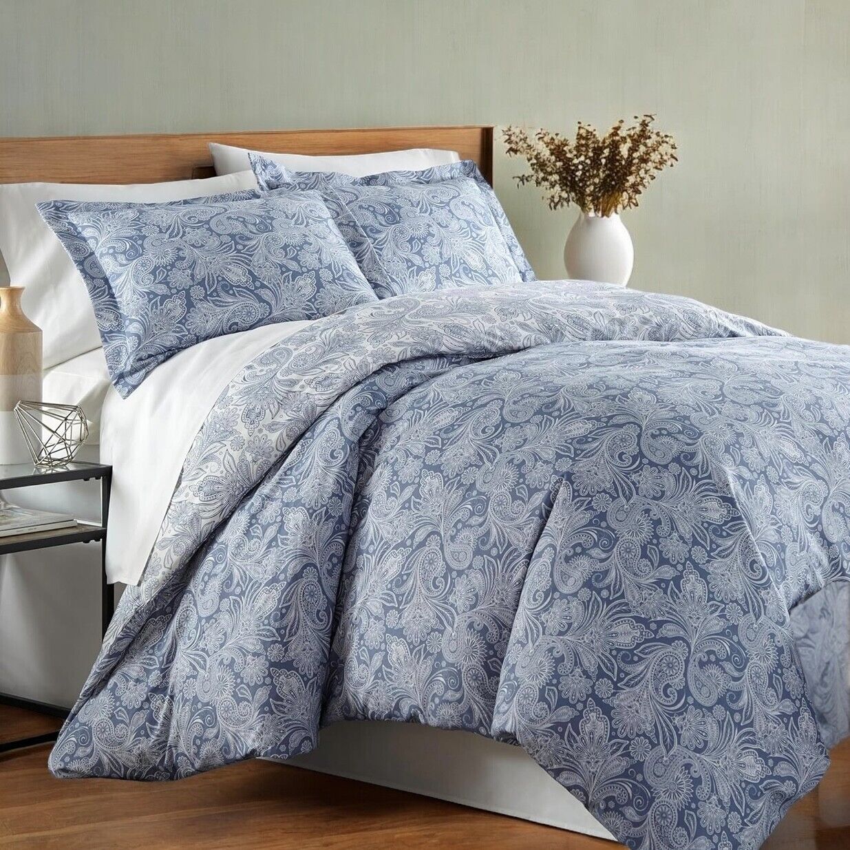 NEW West Elm Blue Paisley Reversible Print Bedding Duvet & Sham Case King Queen