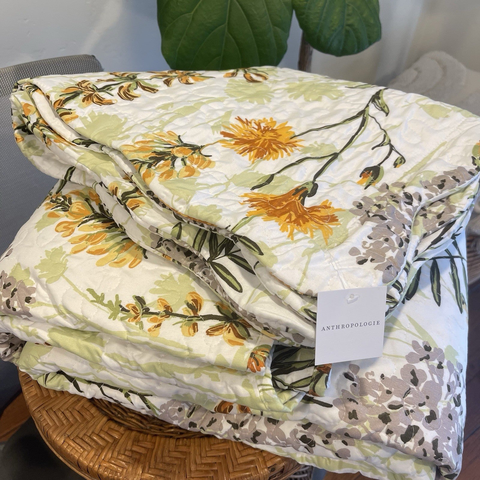 NEW Anthro White Yellow Floral Queen Boho Quilt Bedding Bedspread Duvet Sham Set