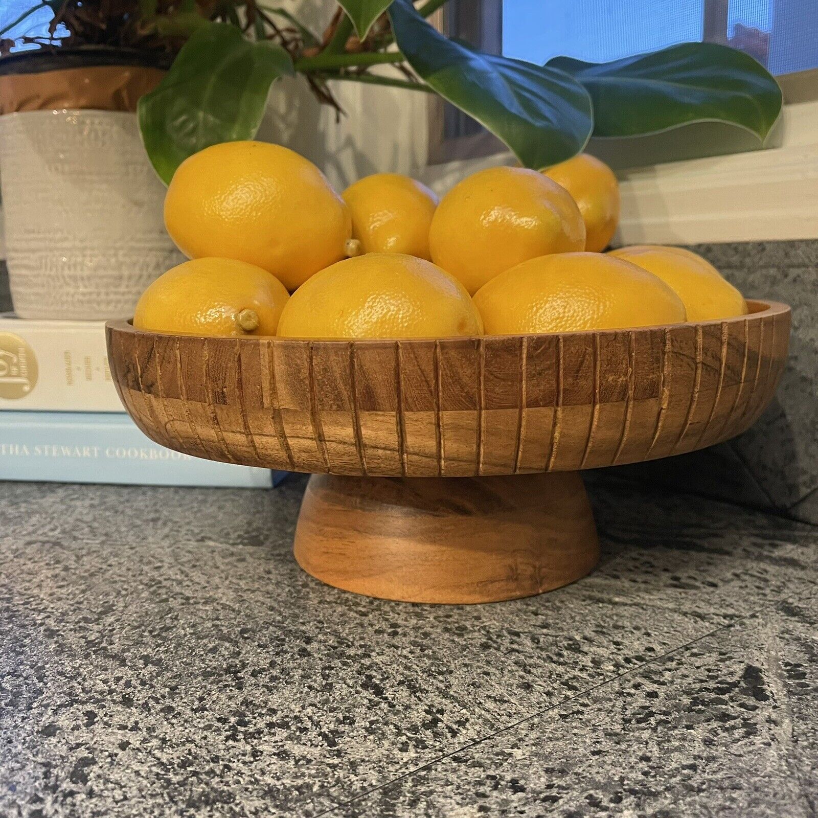 NEW West Elm Large Wood Boho Carved Scalloped Decorative Fruit Bowl Centerpiece