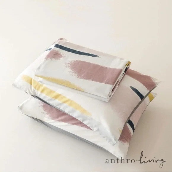 NEW Anthro White Abstract Colors Boho Cotton Queen King Bedding Duvet & Sham Set