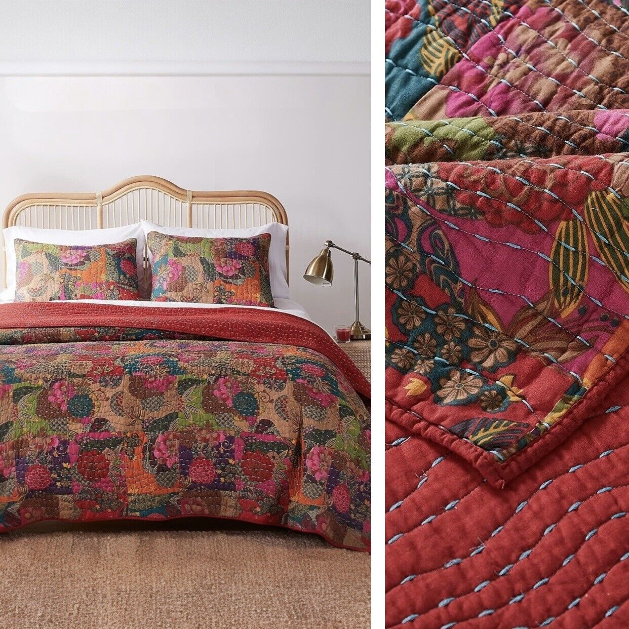 NEW Anthropologie Multicolor Floral Boho Queen Quilt Bedspread Bedding Sham Set