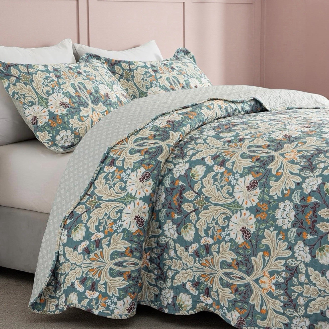 NEW Anthro Teal Floral Reversible Paisley Queen / King Bedding Quilt & Sham Set