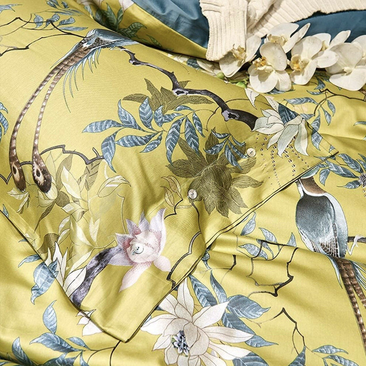 NEW Anthropologie Yellow Boho King Bird Cotton Bedding Duvet & Floral Sham Set