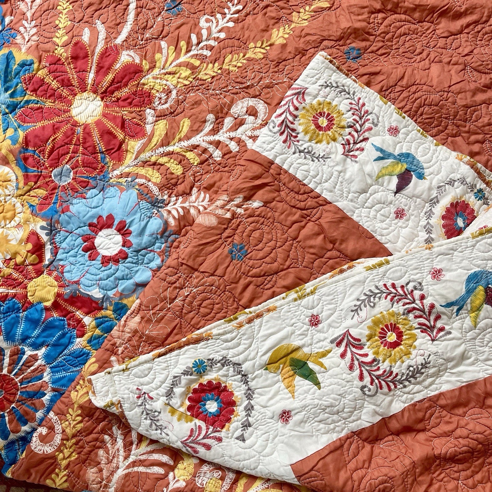 NEW Anthropologie King Floral Reversible Boho Quilt Bedspread Blanket Sham Set