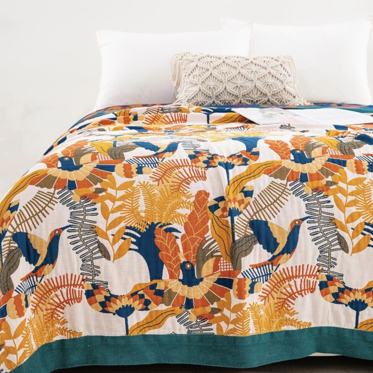 NEW Anthropologie Boho Bird Orange Blue Throw Blanket Bedspread Quilt 80" x 90"