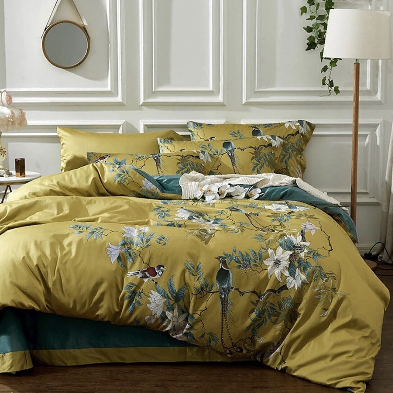 NEW Anthropologie Yellow Boho King Size Bird Bedding Duvet Floral Sham Case Set