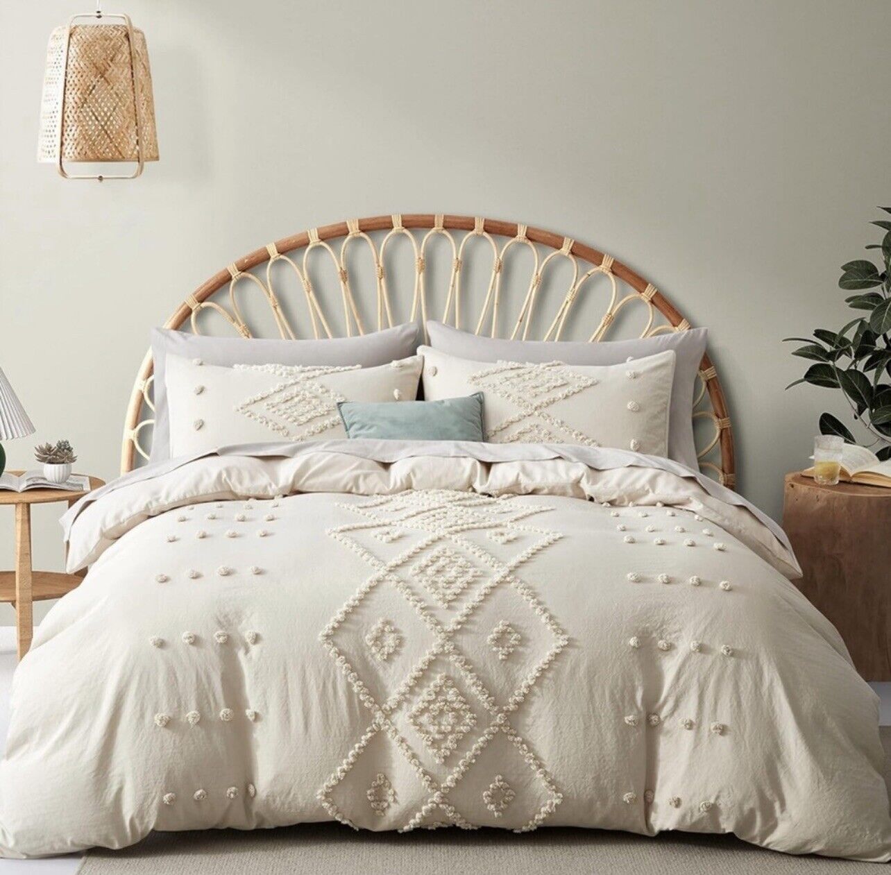 NEW Anthropologie Cream Boho King Size Tassel Bedding Duvet Blanket & Sham Set