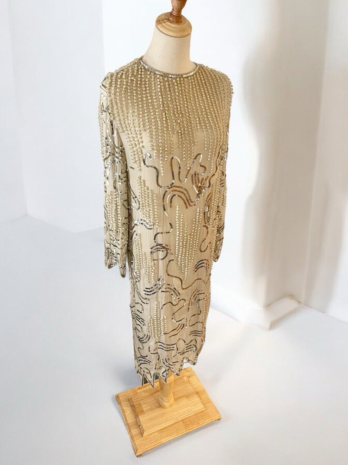 Vintage Carolina Herrera Cream Chiffon Pearl & Sequin Tunic Dress - Size Small