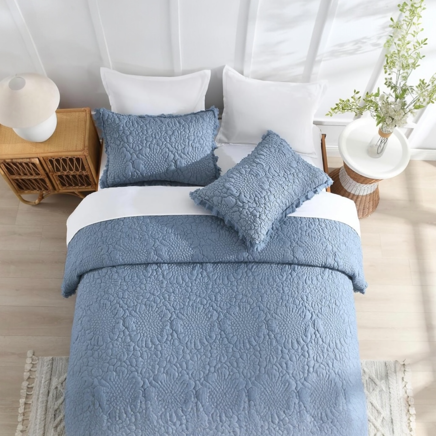 NEW Anthro Dusty Blue Boho Ruffle Crinkle Queen / King Bedding Quilt & Sham Set