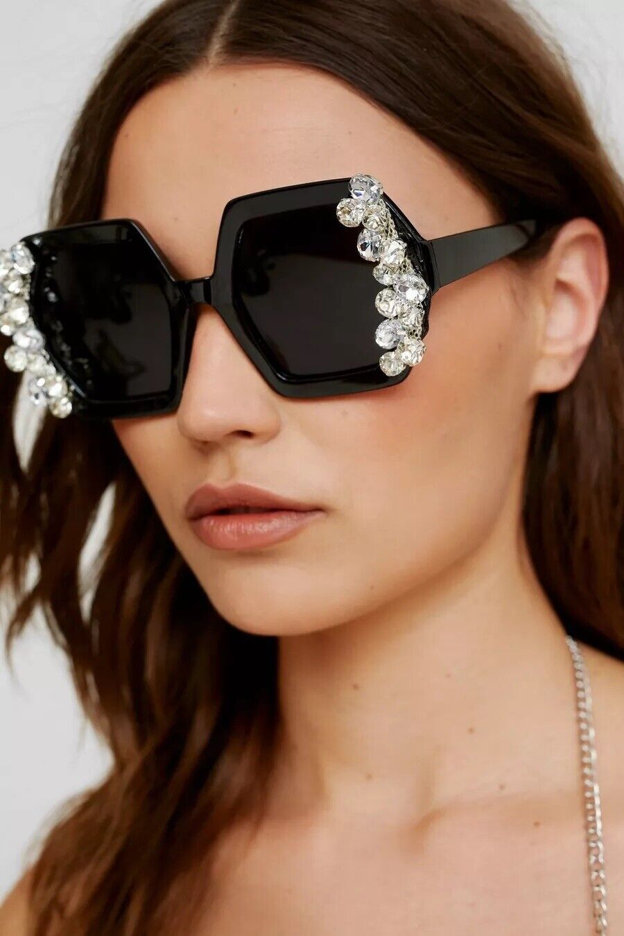 NEW Free People Black Oversized Bedazzled Rhinestone Tinted Square Sunglasses 