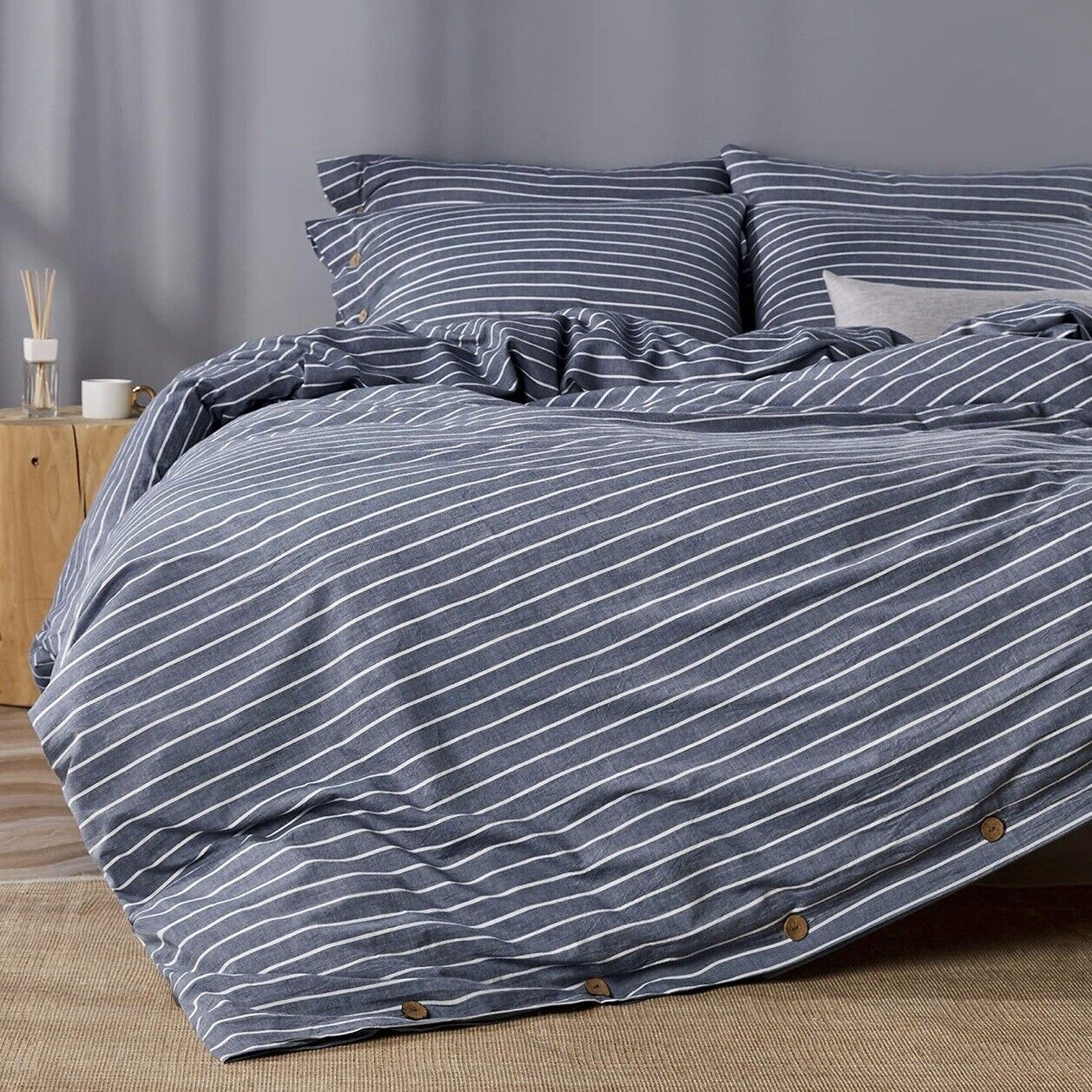 NEW West Elm Blue White Striped King Size Linen Cotton Bedding Duvet & Sham Set