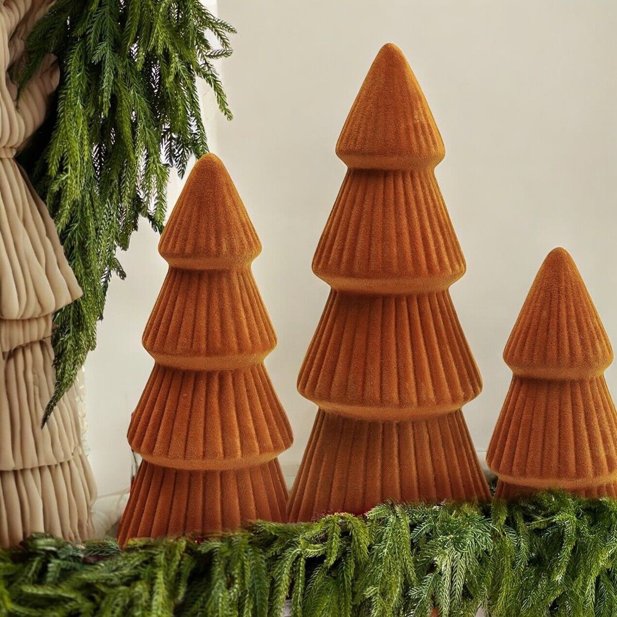 NEW Pottery Barn Orange Boho Velvet Christmas Tree Set / 3 Holiday Mantle Decor