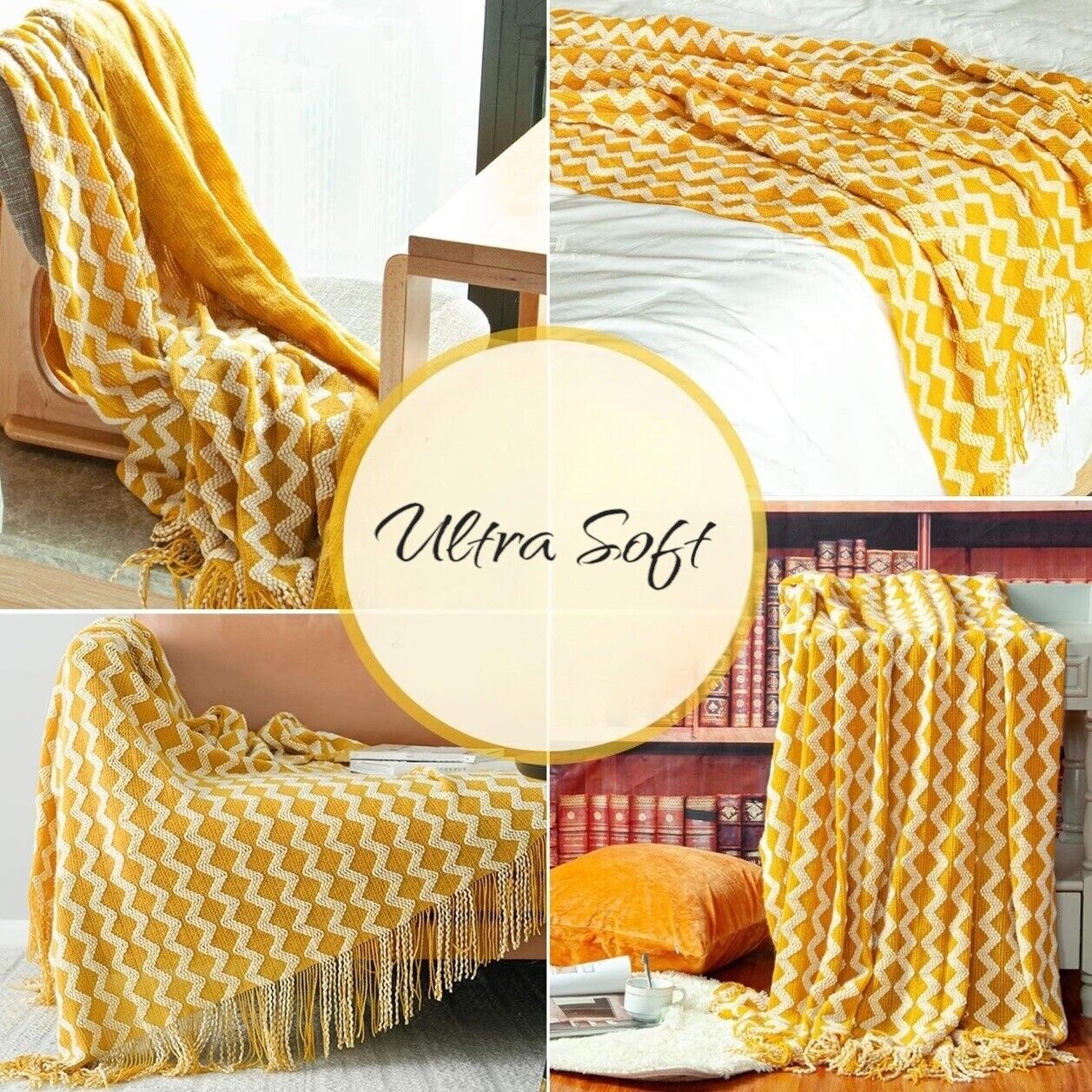 NEW Anthropologie Yellow Boho Tassel Chunky Knit Woven Throw Blanket - 50" x 68"