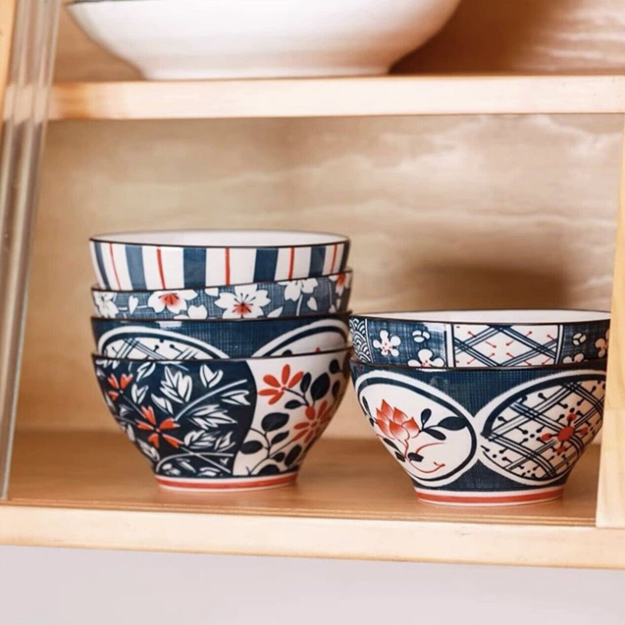 NEW West Elm (Set of 6) Blue Boho Ceramic Floral Dinnerware Soup Bowls Dish Set