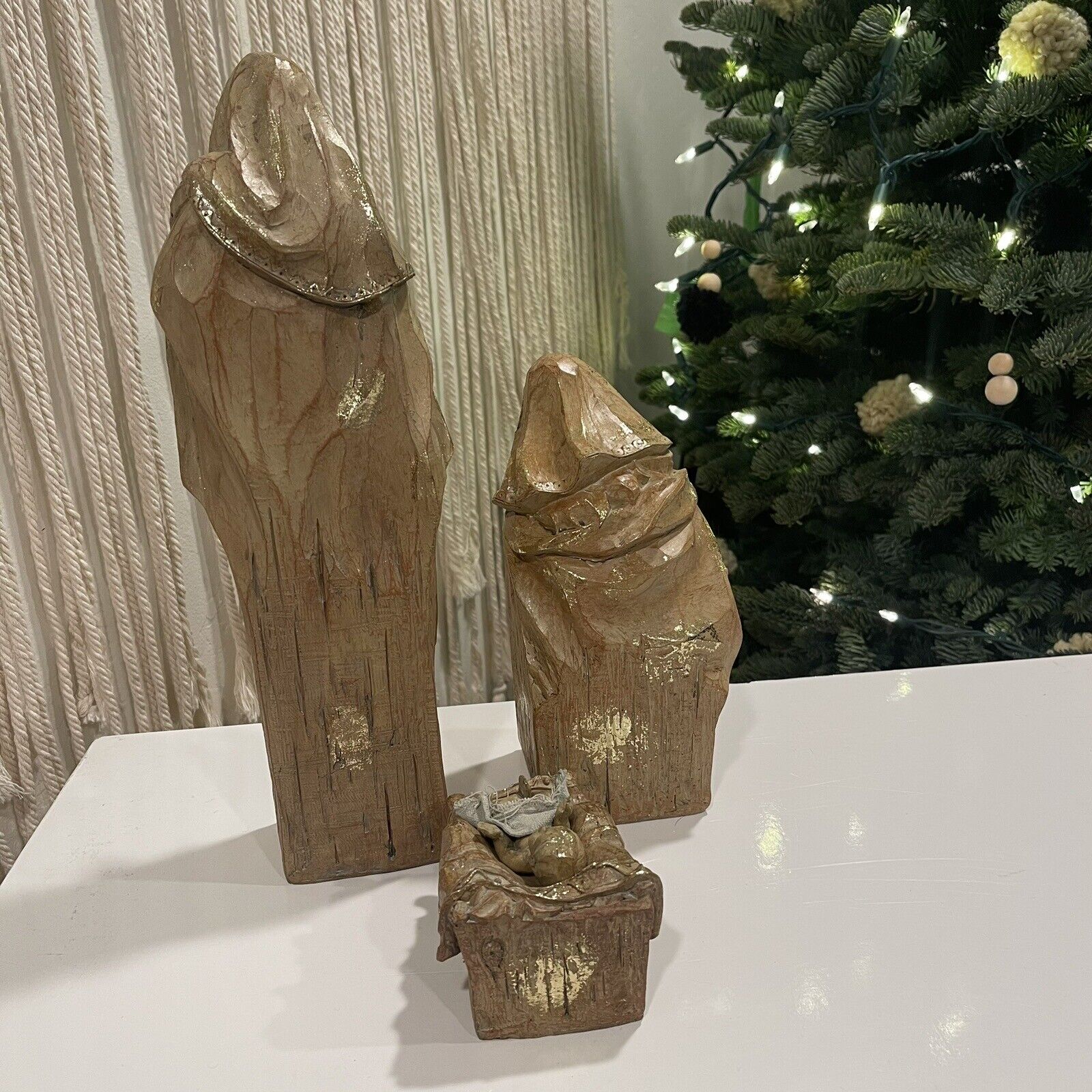 New XL Hand Carved Wooden & Gold Christmas Nativity Statue Figurine Holiday Set