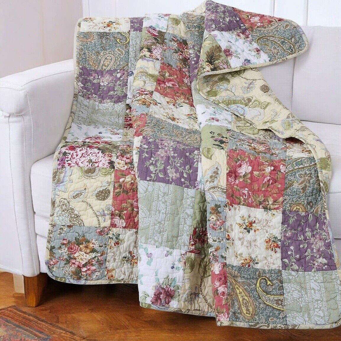 NEW Anthropologie Boho Multicolor Floral Throw Blanket Patchwork Quilt 50" x 60"