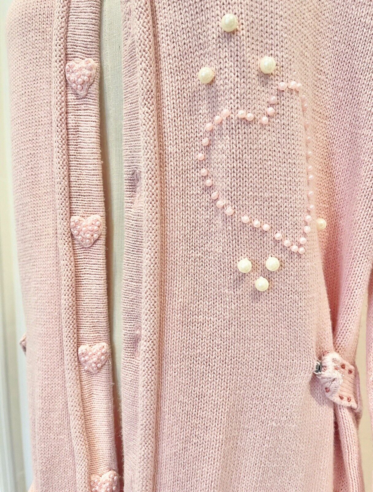 Vintage Storybook Knits Pink Heart Embroidered Pearl Sweater Duster - Medium