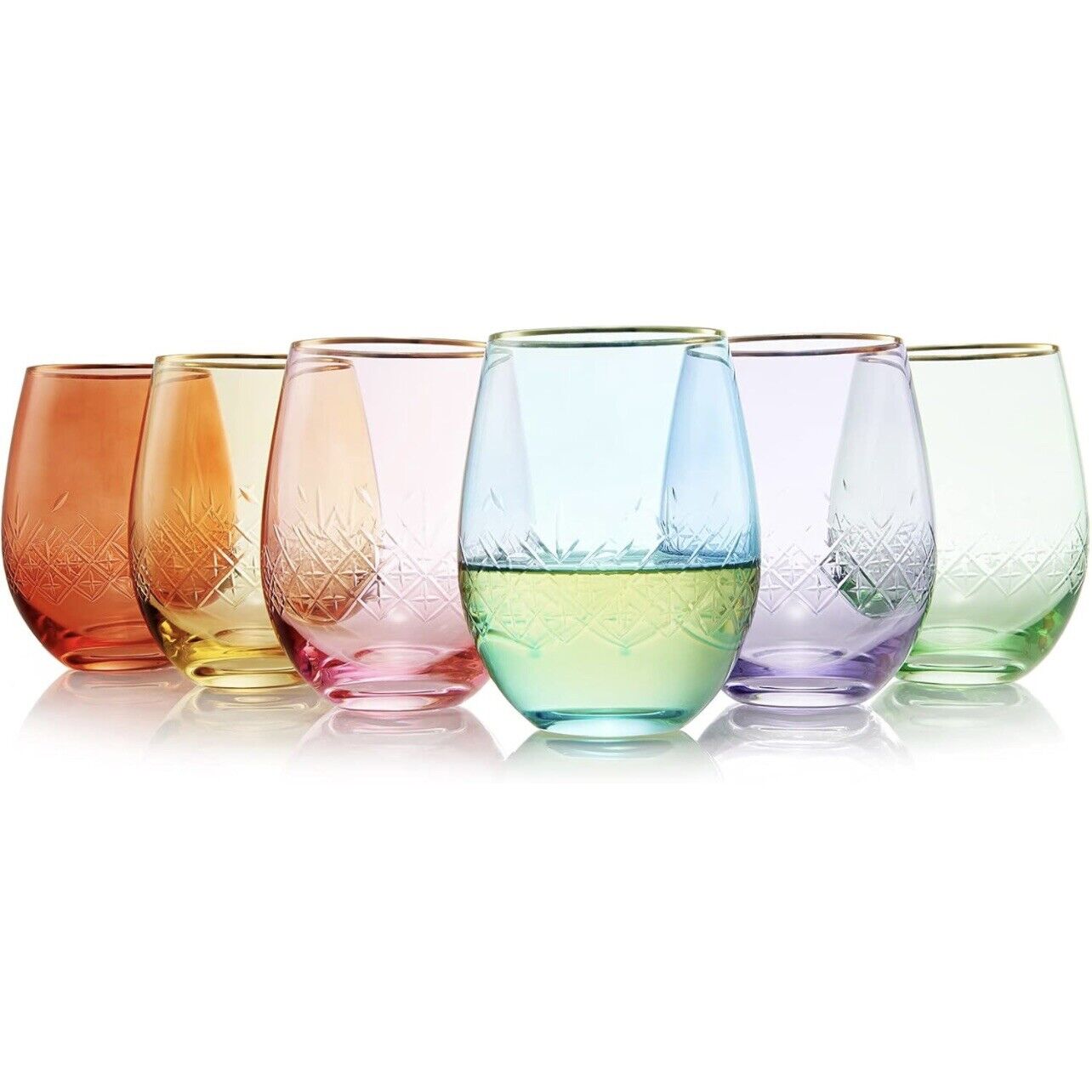 NEW Anthropologie Set / 6 Vintage Art Deco Etched Stemless Wine Glasses Barware