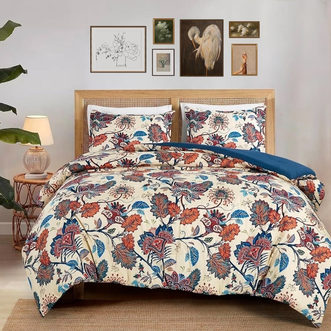 NEW Anthropologie Red Blue Floral Queen / King Boho Comforter Bedding & Sham Set