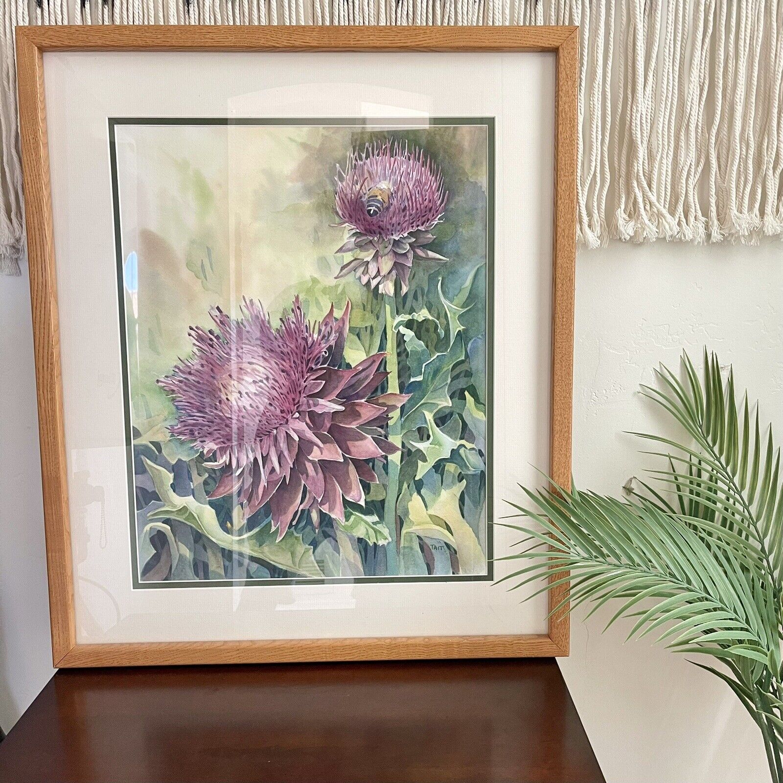 Original Susan Tait Signed Purple Floral Thistle Framed Watercolor Painting