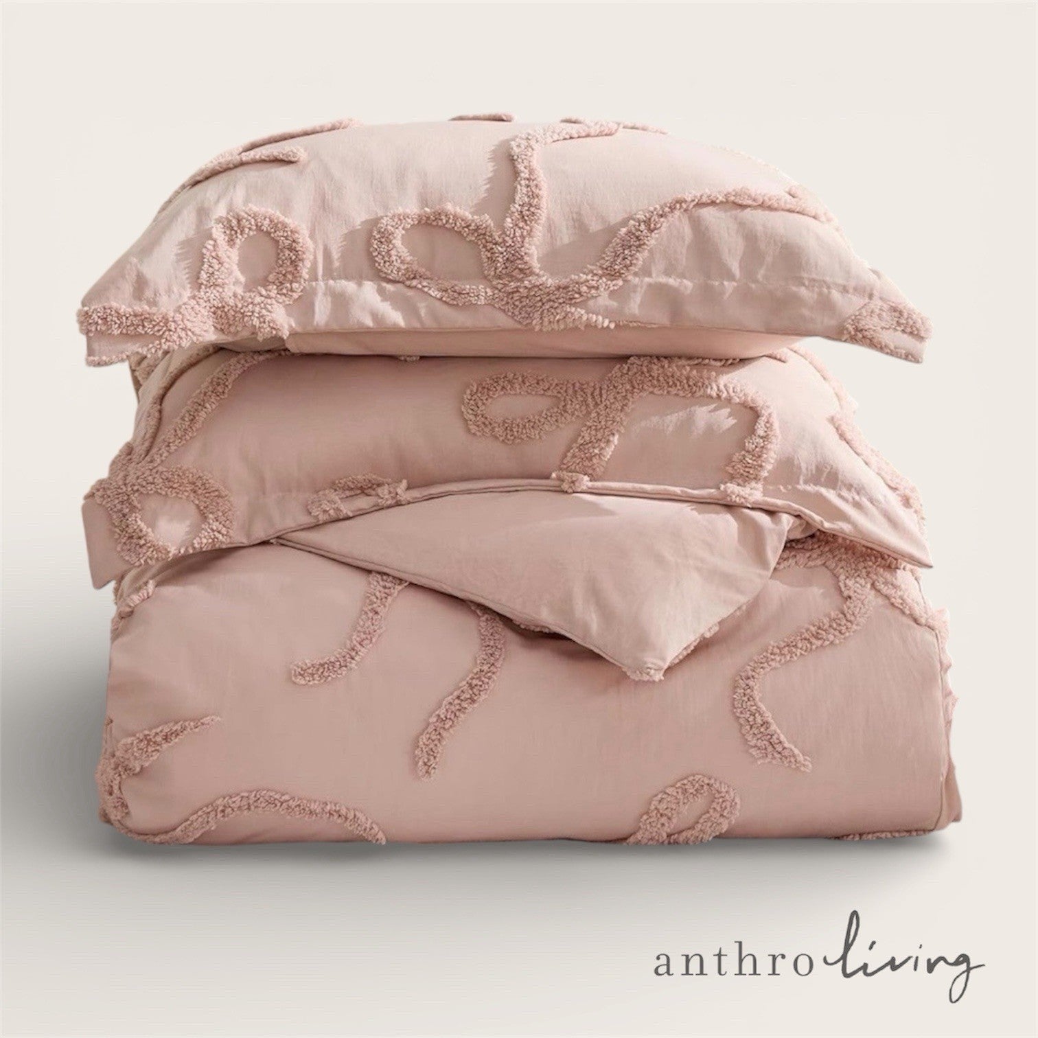 NEW Anthro Rose Pink Tufted Bow Boho Queen / King Size Bedding Duvet & Sham Set