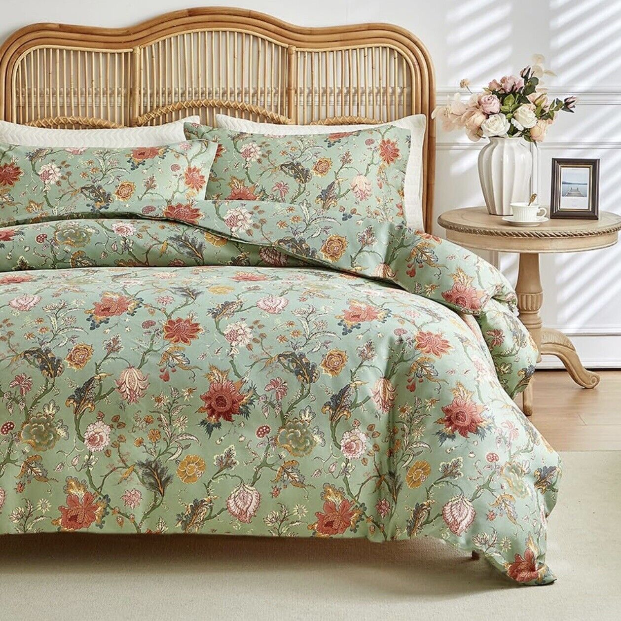 NEW Anthropologie Green Floral King Size Boho Comforter Bedding Sham Case Set