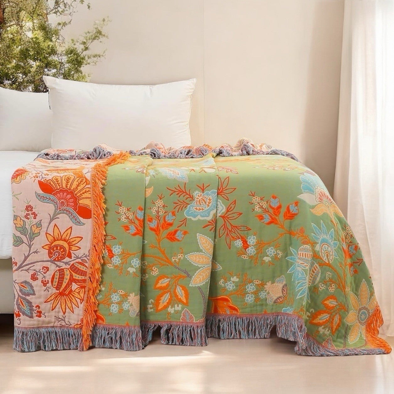 NEW XL Coral & Green Reversible Boho Fringe Blanket Bedspread Quilt - 80" x 90"