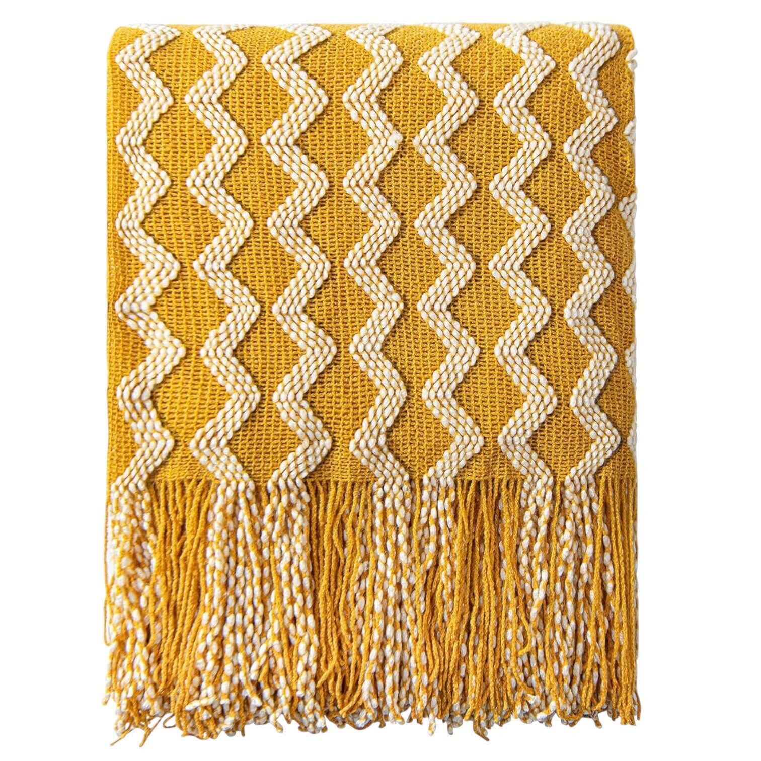 NEW Anthropologie Yellow Boho Tassel Chunky Knit Woven Throw Blanket - 50" x 68"