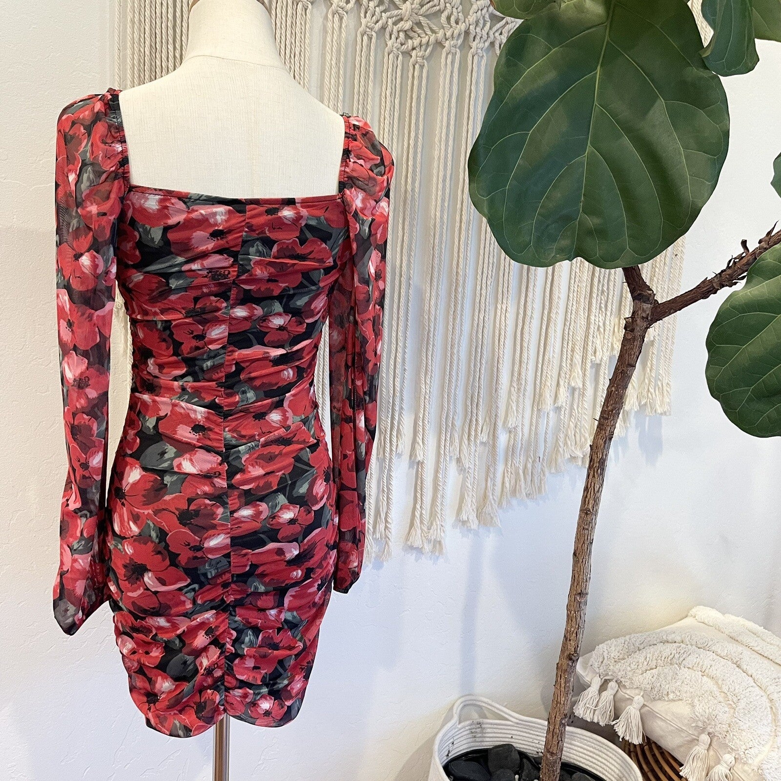 NEW Anthropologie Red Floral Mesh Mini Slip Sundress / Mini Dress - Small / XS