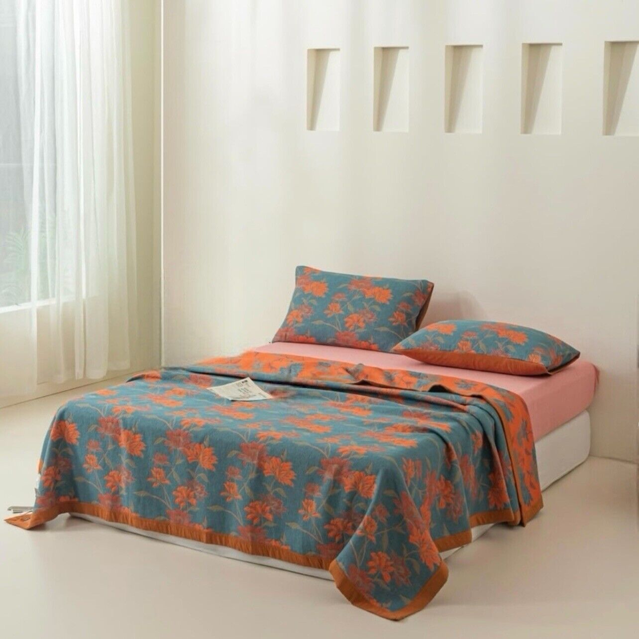 NEW Anthropologie Blue Orange Reversible Queen / King Bedspread Blanket Sham Set