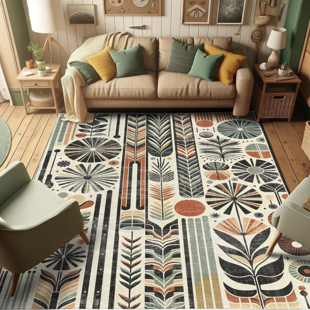 NEW Anthropologie Cream Boho Retro Floral Geometric Area Rug Carpet 5'7" x 4'