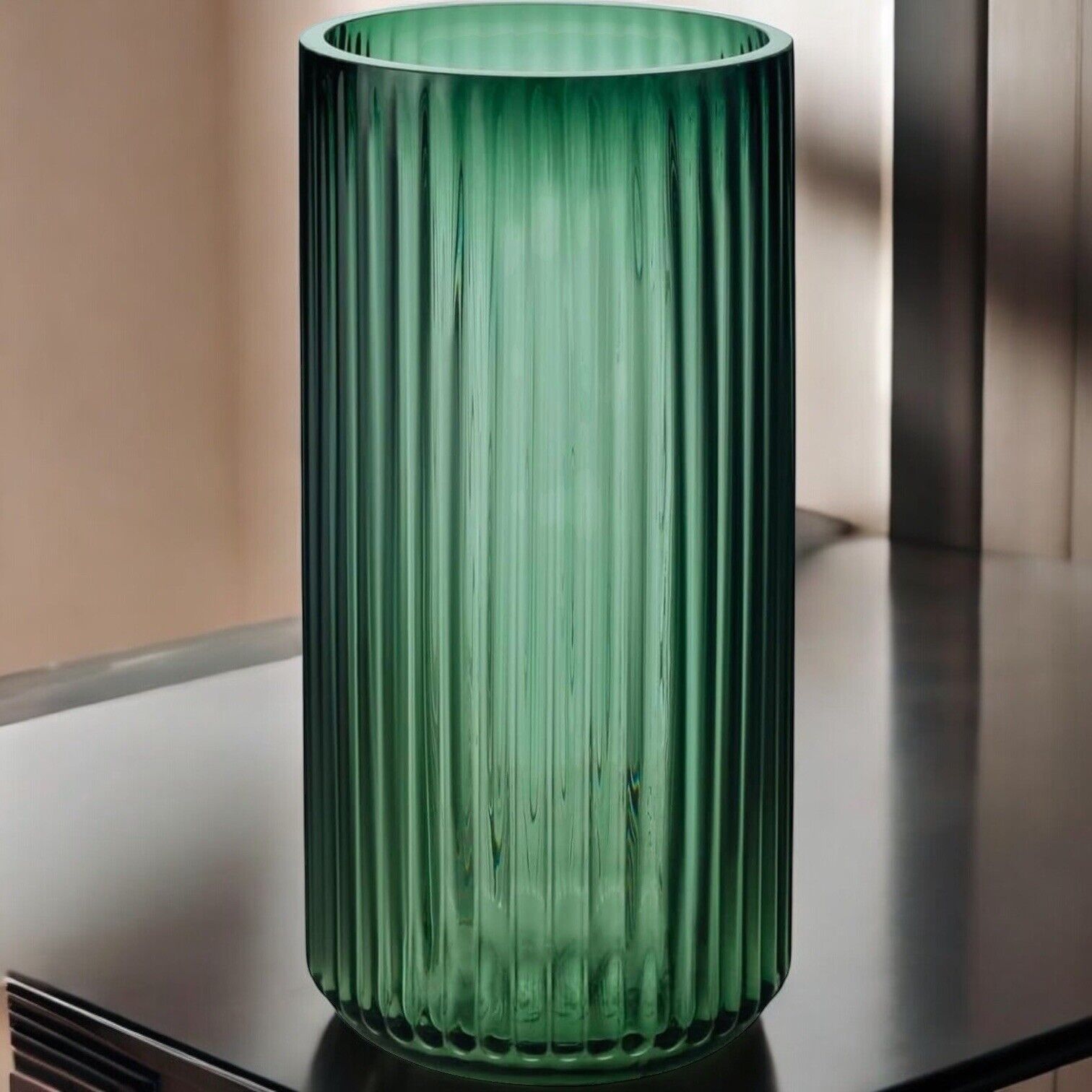 NEW West Elm Green Glass Large Boho Ribbed Cylinder Flower Vase Planter Decor