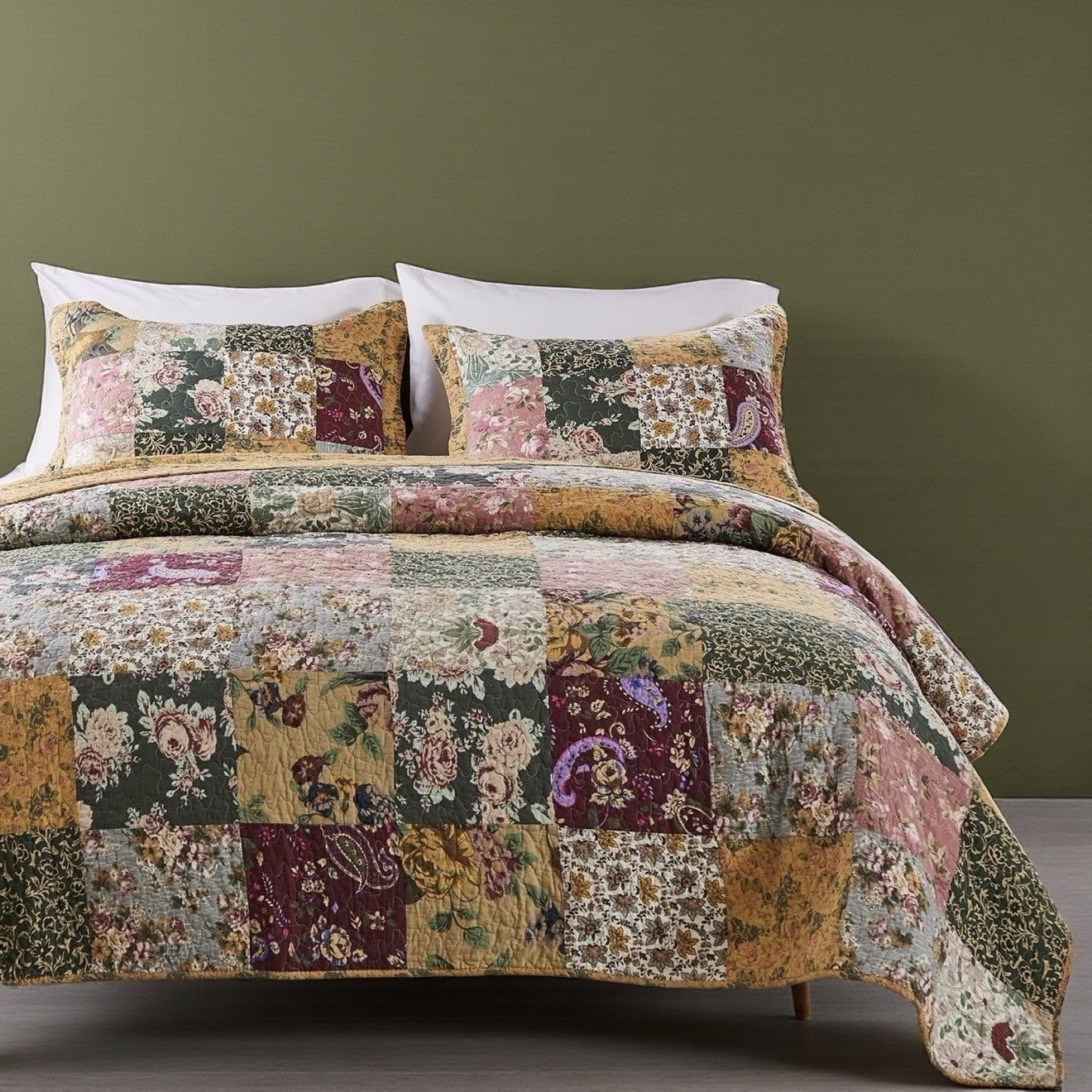 NEW Anthro Cotton Floral Reversible Patchwork Queen King Bedding Quilt Sham Set