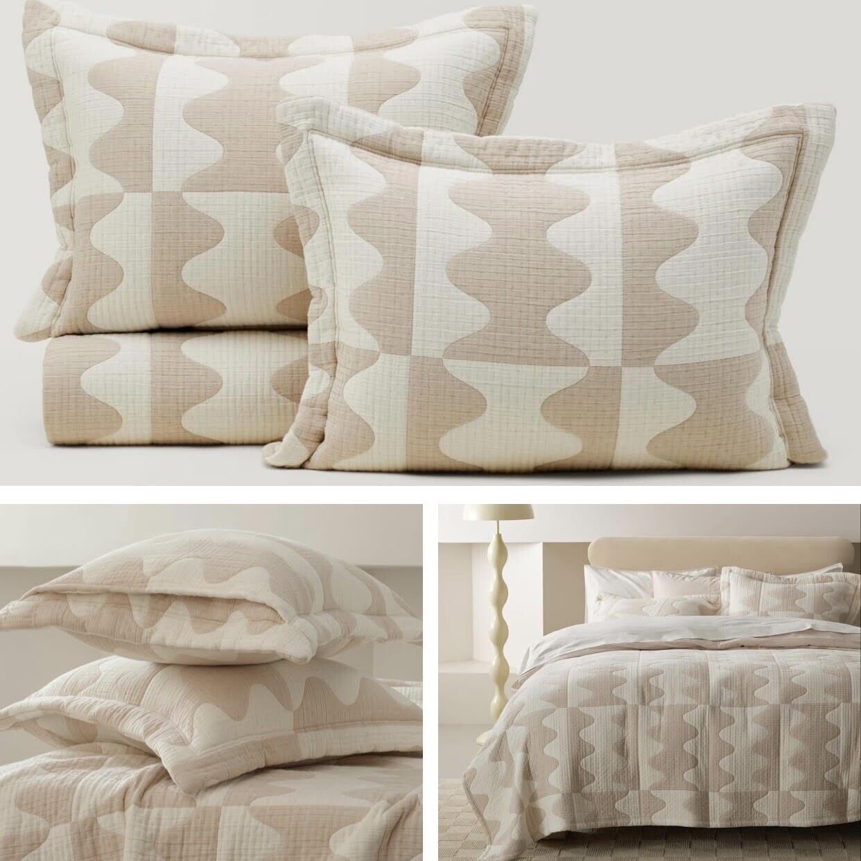 NEW Anthropologie Cream Boho Queen Geometric Comforter Quilt Bedding Sham Set