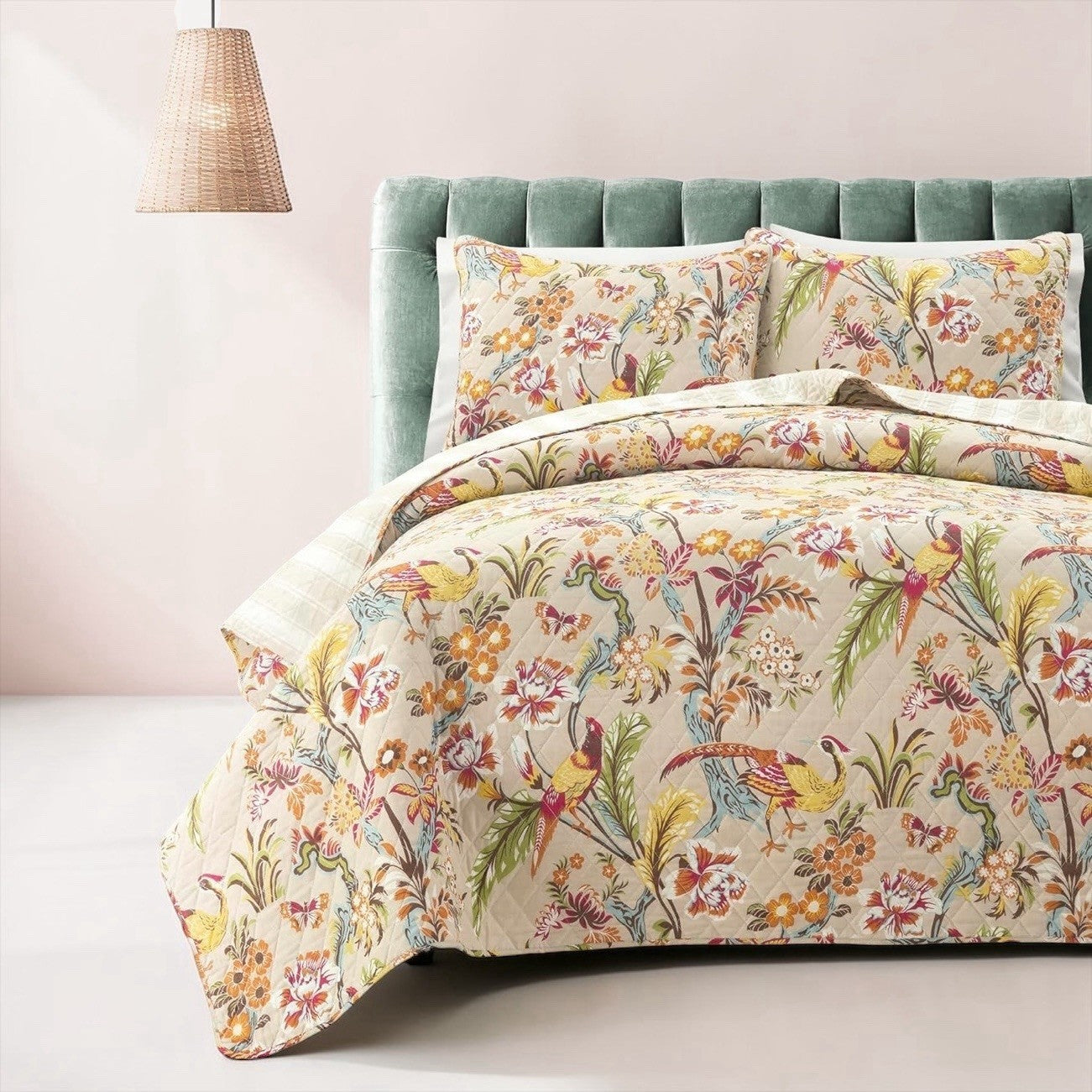 NEW Anthropologie Queen / King Cotton Boho Bird Quilt Bedspread Bedding Sham Set