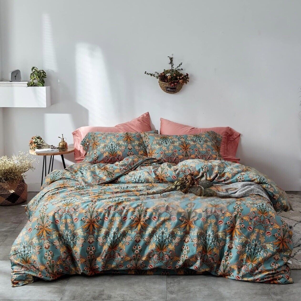 NEW Anthropologie Blue Orange Boho King Size Bedding Duvet Floral Sham Case Set