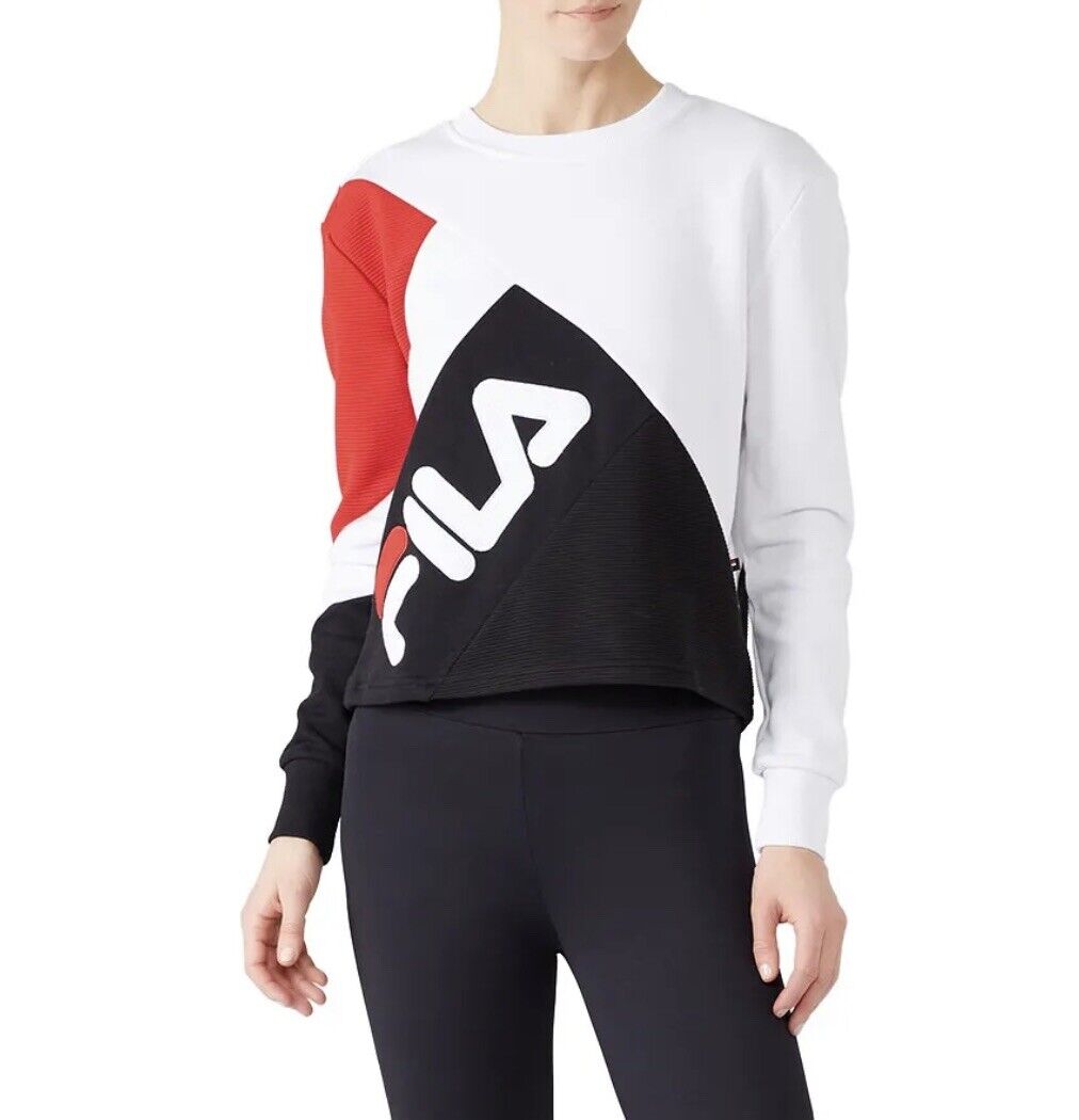 FILA Zoe Red & Black Cropped Colorblock Sweatshirt Sweater Top - Size Large