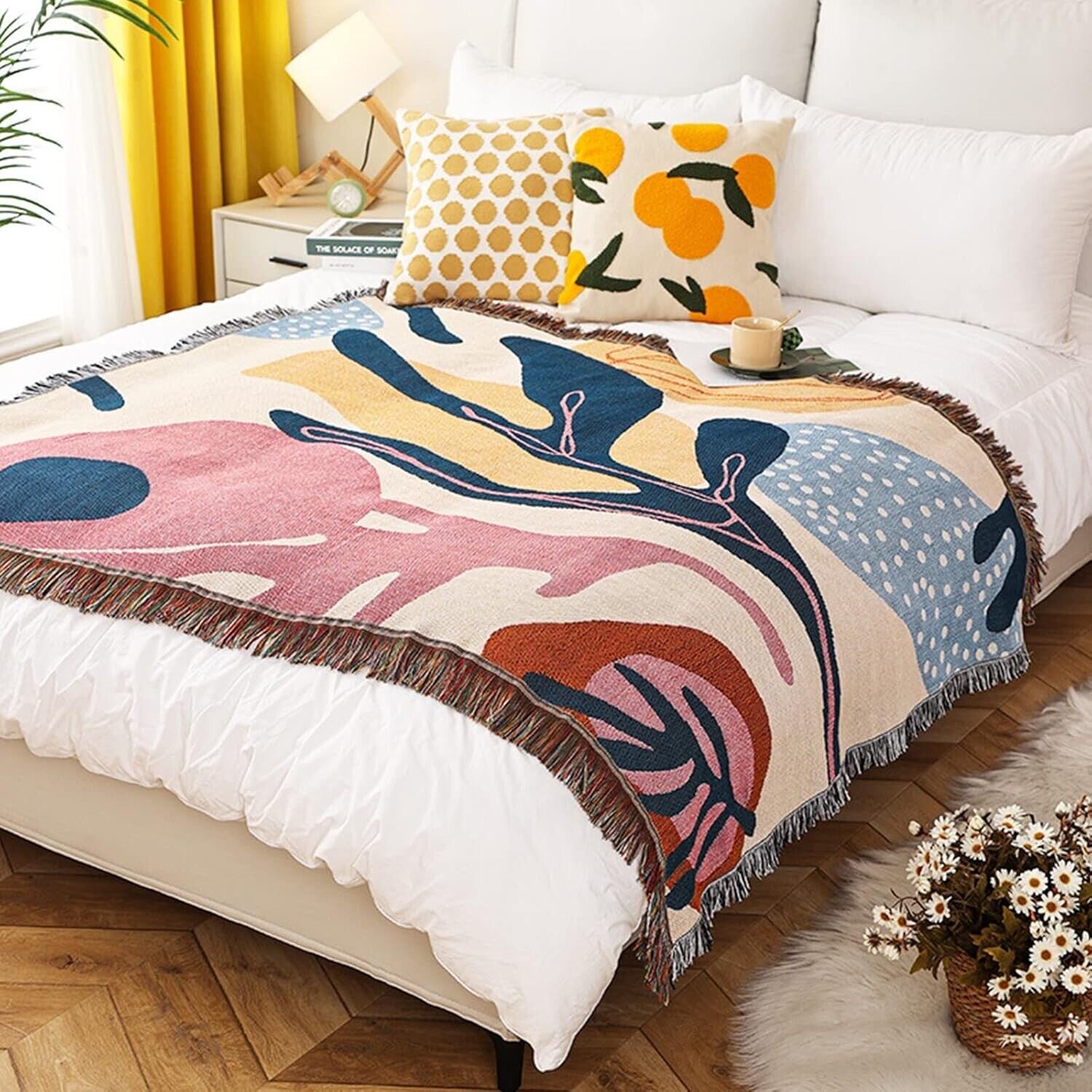 New Anthropologie Boho Abstract Tassel Throw Blanket Bedspread Quilt - 63" x 51"